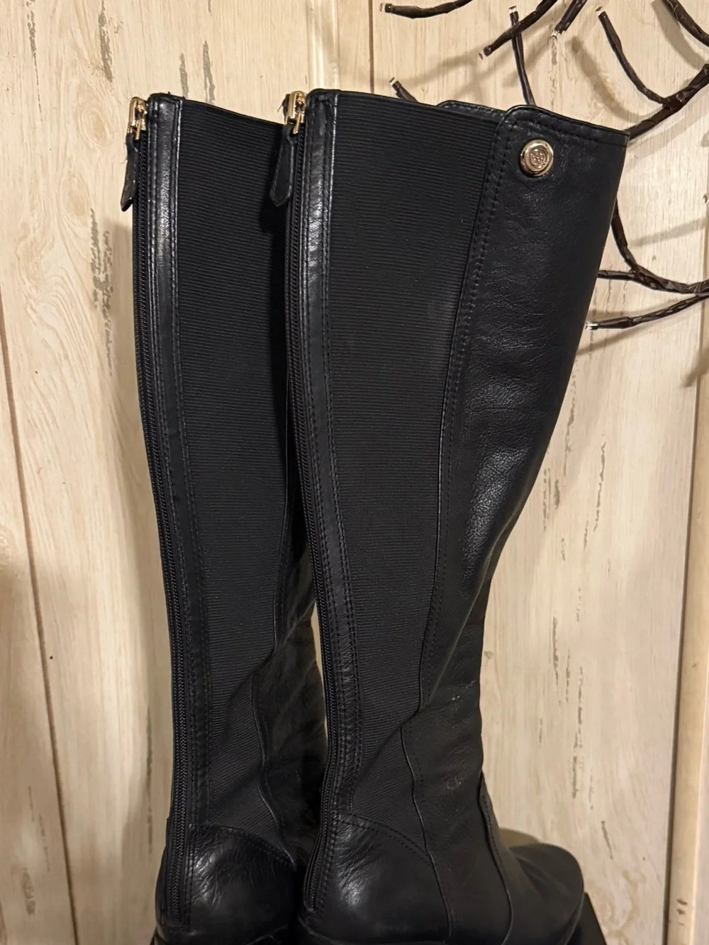 Tory Burch Black Leather Over-the-Knee Boots with Logo Button